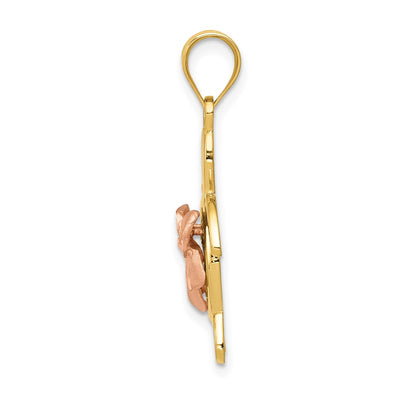 14K Two-tone Diamond-cut Rose Plumeria Turtle Pendant