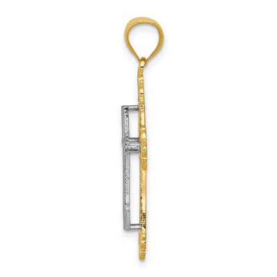 14K Two-tone Fleur De Lis Cross Pendant, 33 x 19mm