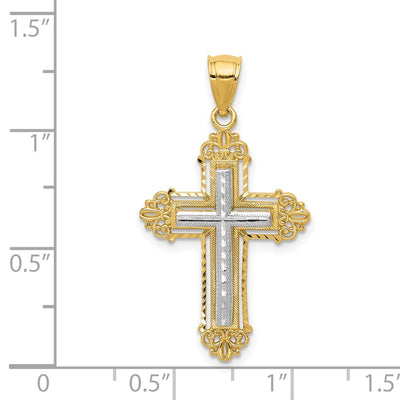 14K Two-tone Fleur De Lis Cross Pendant, 33 x 19mm