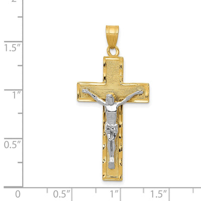 14K Two-tone Diamond Cut Crucifix Pendant, 40 x 19mm