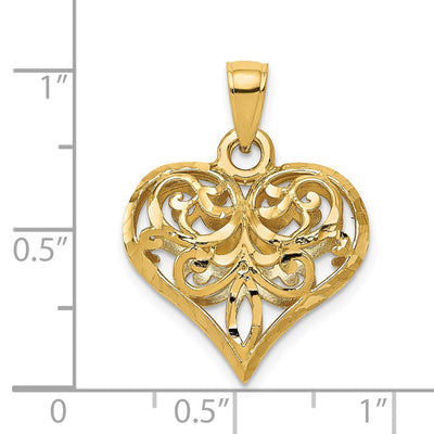 14K Polished 3-D Filigree Puffed Heart Pendant, 25 x 20mm