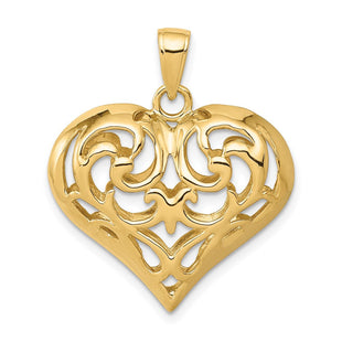 14K Polished 3-D Filigree Puffed Heart Pendant (Style D3821)