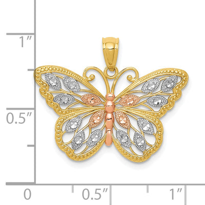14K w/White and Rose Rhodium Diamond-cut Butterfly Pendant