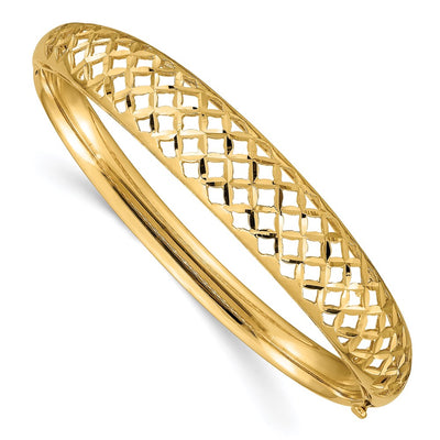 14K Polished Graduated Diamond-cut 6.25- Fancy Weave Hinged Oval Bangle Bracelet