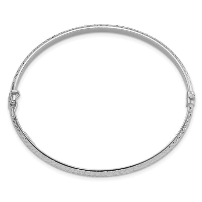 14K White Gold Polished Diamond-cut Hinged Oval Bangle Bracelet