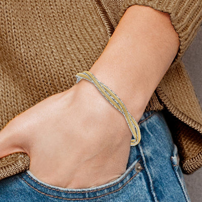 14K Two-tone Diamond-cut and Textured Braided with Safety Chain Flexible Oval Bangle Bracelet