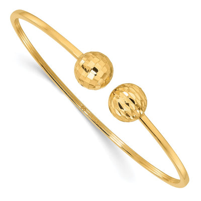 14K Polished and Diamond-cut Ball Flexible Oval Cuff Bangle Bracelet