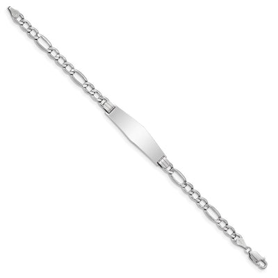 14K White Gold Polished Semi-Solid Chain/Solid Plate Figaro Link Soft Diamond Shape Plate ID Bracelet