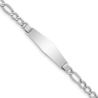 14K White Gold Polished Semi-Solid Chain/Solid Plate Figaro Link Soft Diamond Shape Plate ID Bracelet