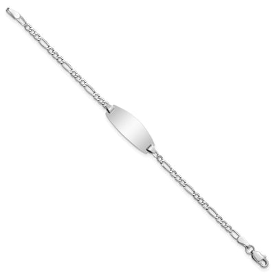 14K White Gold Polished Semi-Solid Chain/Solid Plate Figaro Link Oval 18.5x8.5mm Plate Baby/Child ID Bracelet