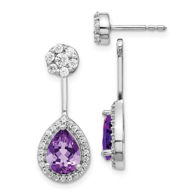 14K White Gold Diamond/Pear Amethyst Front/Back Earrings