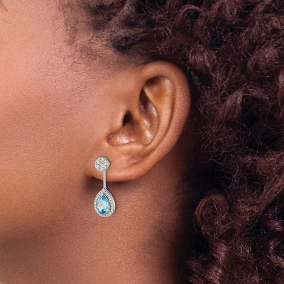 14K White Gold Diamond/Pear Blue Topaz Front/Back Earrings