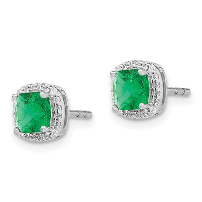 14K White Gold Cushion Emerald and Diamond Halo Earrings