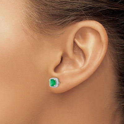 14K White Gold Cushion Emerald and Diamond Halo Earrings