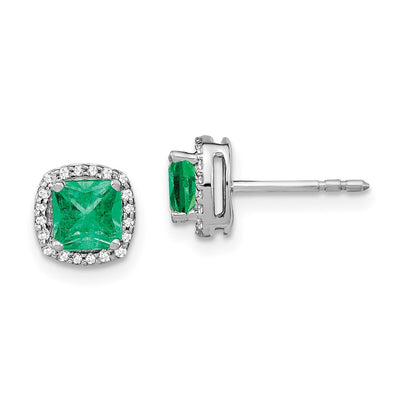 14K White Gold Cushion Emerald and Diamond Halo Earrings