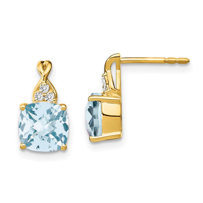 14K Checkerboard Aquamarine and Diamond Earrings
