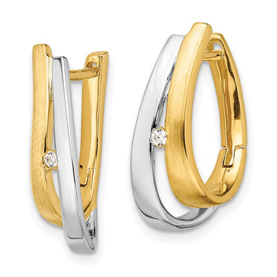 14K Yellow Gold With White Rhodium Diamond Hinged Hoop Earrings