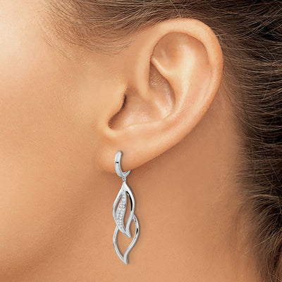14K White Gold Diamond Hinged Hoop Leaf Design Dangle Earrings