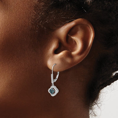 14K White Gold White and Blue Diamond Dangle Leverback Earrings