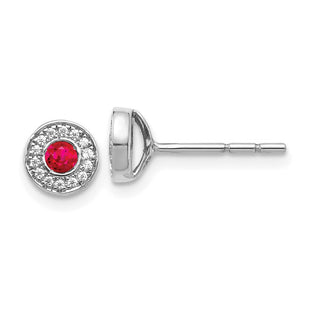 14k White Gold Diamond and Ruby Halo Post Earrings (Style EM5587-RU-010-WA)