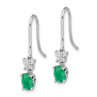 14K White Gold 1/ Diamond and Oval Emerald Dangle Earrings