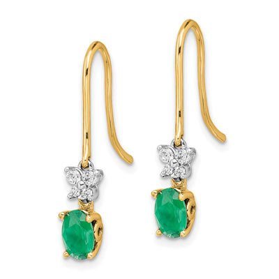 14K Two-tone 1/ Diamond and Oval Emerald Shepherd Hook Earrings