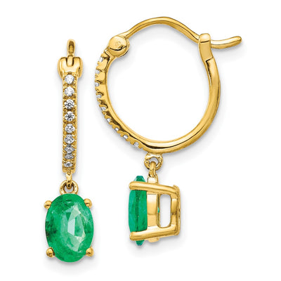 14K 1/10 carat Diamond and Emerald Dangle Hoop Earrings