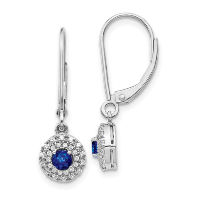 14K White Gold Diamond Halo Sapphire Leverback Dangle Earrings