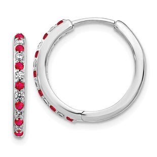14k White Gold Diamond and Ruby Hinged Hoop Earrings (Style EM5607-RU-020-WA)