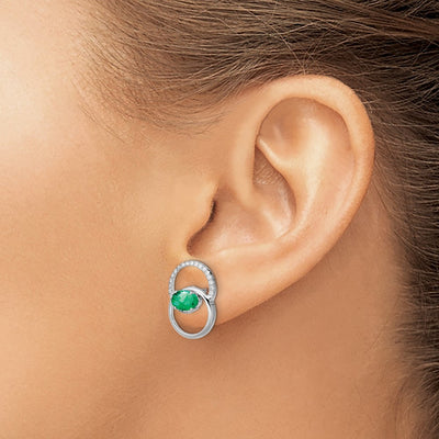 14K White Gold Double Circle Emerald/Diamond Post Earrings
