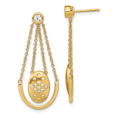14K Satin/Polished Diamond Oval w/Chain Dangle Post Earrings