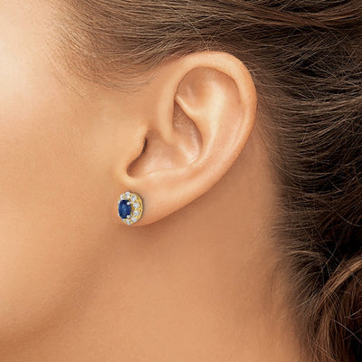 14K Oval Sapphire and Diamond Halo Post Earrings