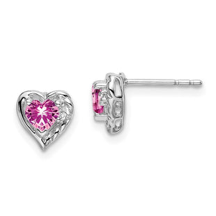 14k White Gold Created Pink Sapphire and Diamond Heart Earrings (Style EM7027-CPS-001-WA)