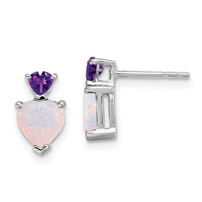 14K White Gold Created Opal and Amethyst Heart Earrings