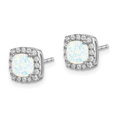 14K White Gold Cushion Created Opal and Diamond Halo Earrings