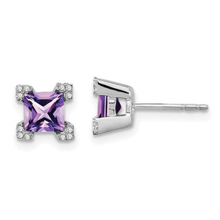 14k White Gold Square Amethyst and Diamond Earrings (Style EM7103-AM-007-WA)