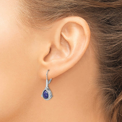 14K White Gold Pear Lapis and Diamond Leverback Earrings