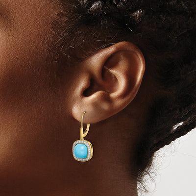 14K Turquoise and Diamond Leverback Earrings, 27.5 x 12.1mm