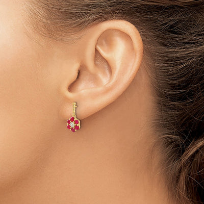 14K Ruby and Diamond Earrings, 15.5 x 7.5mm