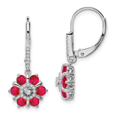 14K White Gold Ruby and Diamond Leverback Earrings