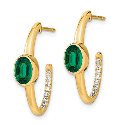 14K Oval Created Emerald and Diamond J-Hoop Earrings