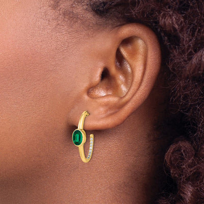 14K Oval Created Emerald and Diamond J-Hoop Earrings