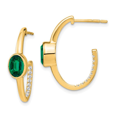 14K Oval Created Emerald and Diamond J-Hoop Earrings