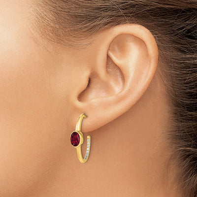14K Oval Created Ruby and Diamond J-Hoop Earrings