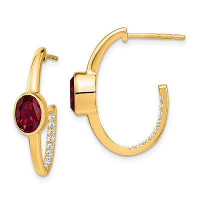 14K Oval Created Ruby and Diamond J-Hoop Earrings