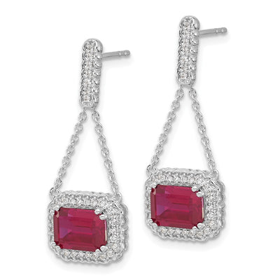 14K White Gold Created Ruby and Diamond Dangle Earrings