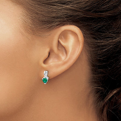 Sterling Silver Rhodium-plated Created Emerald and Diamond Earrings, 13 x 6mm