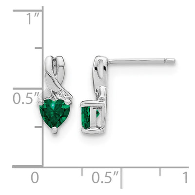 Sterling Silver Rhodium-plated Created Emerald and Diamond Earrings, 13 x 6mm