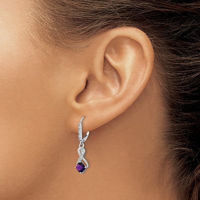 Sterling Silver Rhodium-plated Amethyst and Diamond Earrings, 29.5 x 7.25mm