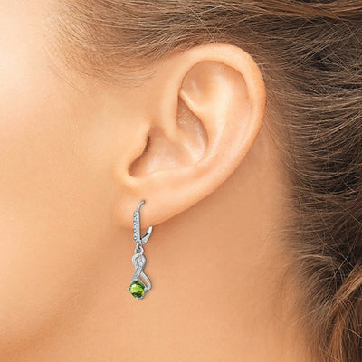 Sterling Silver Rhodium-plated Peridot and Diamond Earrings, 29.5 x 7.25mm